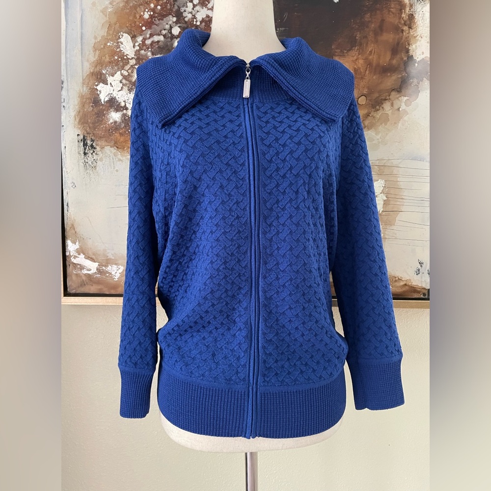 St. John 3/4 sleeve cobalt blue wool blend knit zip up sweater size S M EC~